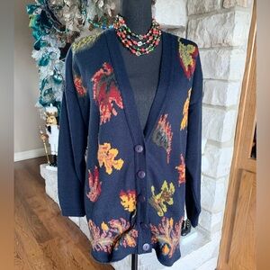 Norton McNaughton Navy Cardigan Fall Leaves